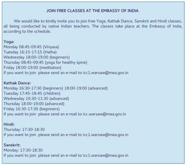 Darmowe zajęcia w Ambasadzie Indii
