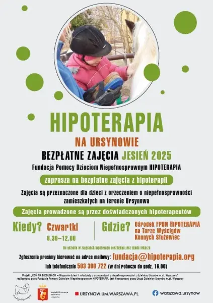 Bezpłatne zajęcia hipoterapeutyczne dla dzieci z niepełnosprawnościami z Ursynowa
