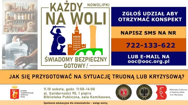 Jak się przygotować na sytuację trudną lub kryzysową? Bezpłatne spotkanie edukacyjne w ramach akcji "Każdy na Woli świadomy, bezpieczny, gotowy!"