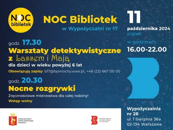 Noc Bibliotek w W17: "Warsztaty detektywistyczne z Lassem i Mają" oraz "Nocne rozgrywki"