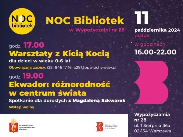 Noc Bibliotek w W28: "Warsztaty z Kicią Kocią" oraz spotkanie "Ekwador: różnorodność w centrum świata"