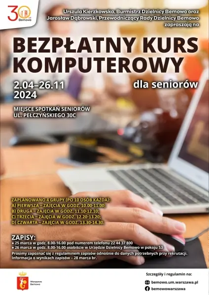 Zapisy na bezpłatny kurs komputerowy dla seniorów na Bemowie