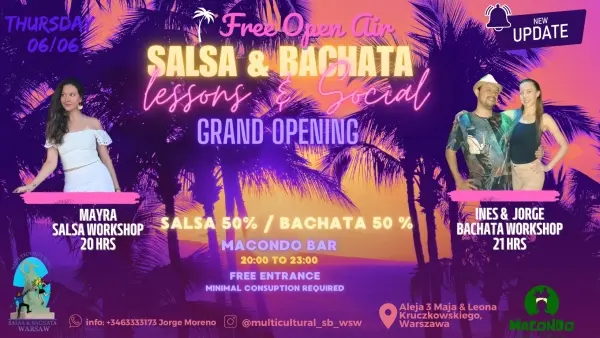 GRAND OPENING FREE SALSA & BACHATA LESSONS & SOCIAL PARTY OPEN AIR EDITION 