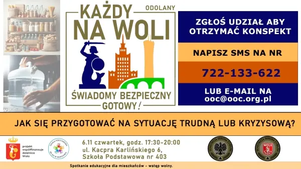 Jak się przygotować na sytuację trudną lub kryzysową? Bezpłatne spotkanie edukacyjne w ramach akcji "Każdy na Woli świadomy, bezpieczny, gotowy!"