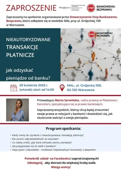 Spotkanie informacyjne: Nieautoryzowane transakcje płatnicze – jak odzyskać pieniądze od banku?