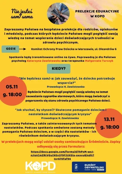 Prelekcje edukacyjne w KOPD | Nie będziesz sam/a: jak zauważyć, że dziecko potrzebuje wsparcia?
