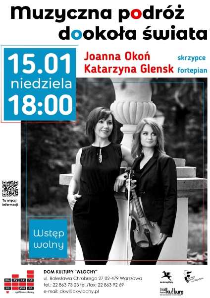 Muzyczne podróże poprzez Świat. Koncert skrzypaczki Joanny Okoń i pianistki Katarzyny  Glensk